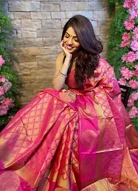 Beautiful Pink Silk Blend Saree with Blouse piece For Women-thumb1