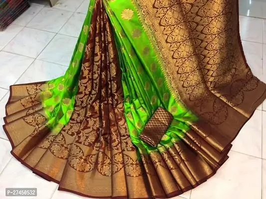 Beautiful Green Silk Blend Saree with Blouse piece For Women-thumb0