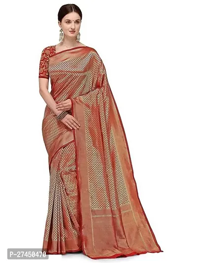 Beautiful Red Silk Blend Saree with Blouse piece For Women-thumb2