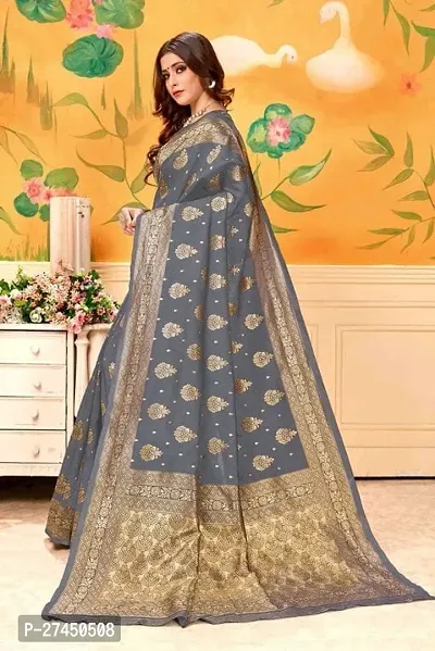 Beautiful Grey Silk Blend Saree with Blouse piece For Women-thumb2