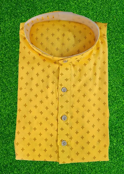 Reliable Yellow Cotton Blend Printed Knee Length Kurta For Men