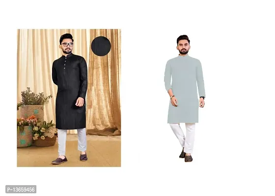 Stylish Fancy Cotton Blend Straight Kurta Combo For Men Pack Of 2-thumb0