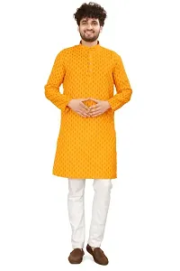 Reliable Yellow Cotton Blend Printed Knee Length Kurta For Men-thumb4