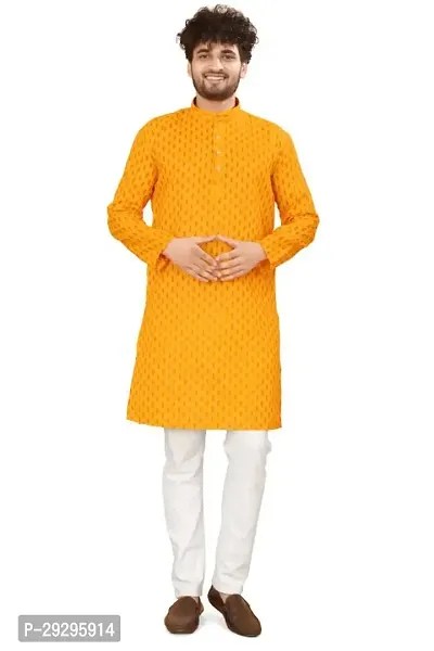 Reliable Yellow Cotton Blend Printed Knee Length Kurta For Men-thumb5