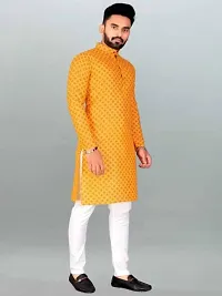 Reliable Yellow Cotton Blend Printed Knee Length Kurta For Men-thumb4