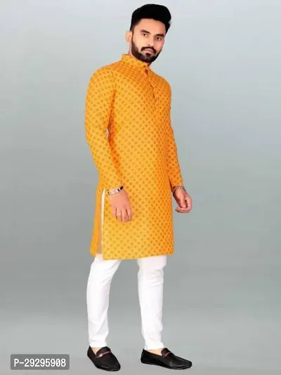 Reliable Yellow Cotton Blend Printed Knee Length Kurta For Men-thumb5