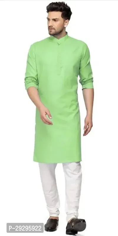 Reliable Green Cotton Blend Solid Knee Length Kurta For Men-thumb0