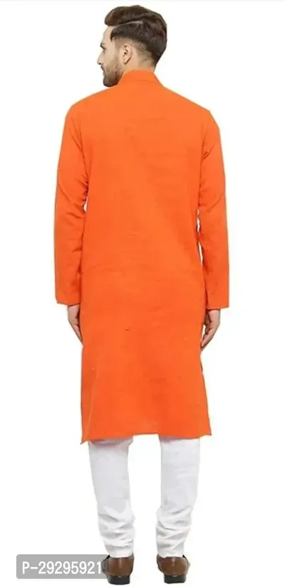 Reliable Orange Cotton Blend Solid Knee Length Kurta For Men-thumb2