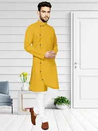 Reliable Yellow Cotton Blend Solid Knee Length Kurta For Men-thumb2