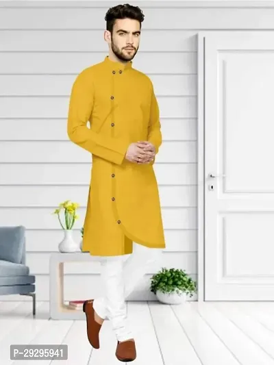 Reliable Yellow Cotton Blend Solid Knee Length Kurta For Men-thumb3