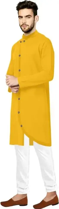 Reliable Yellow Cotton Blend Solid Knee Length Kurta For Men-thumb3