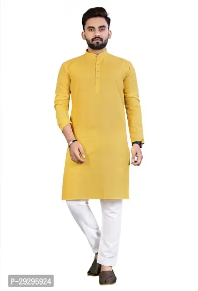 Reliable Yellow Cotton Blend Solid Knee Length Kurta For Men