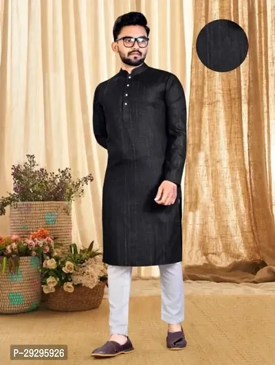 Reliable Black Cotton Blend Striped Knee Length Kurta For Men-thumb0