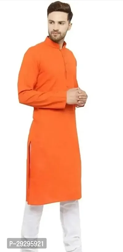 Reliable Orange Cotton Blend Solid Knee Length Kurta For Men-thumb4