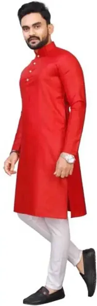 Reliable Red Cotton Blend Striped Knee Length Kurta For Men-thumb2