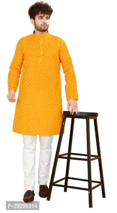 Reliable Yellow Cotton Blend Printed Knee Length Kurta For Men-thumb0