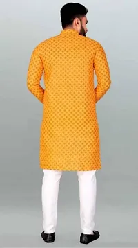 Reliable Yellow Cotton Blend Printed Knee Length Kurta For Men-thumb1