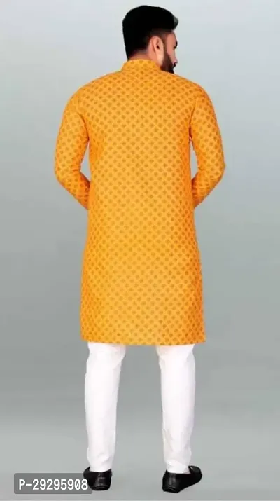 Reliable Yellow Cotton Blend Printed Knee Length Kurta For Men-thumb2