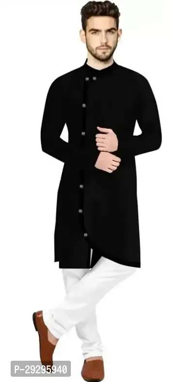 Reliable Black Cotton Blend Solid Knee Length Kurta For Men-thumb0