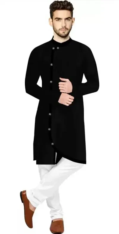 FABWAX Men's Full Black Cotton Blend Side Pleated Cross Kurta Payjama Set