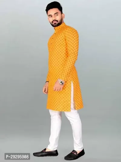 Reliable Yellow Cotton Blend Printed Knee Length Kurta For Men-thumb3