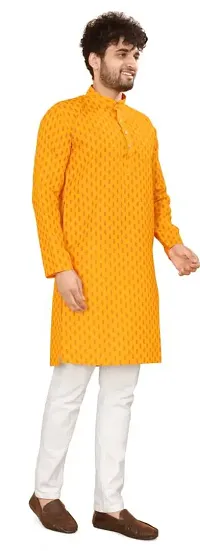 Reliable Yellow Cotton Blend Printed Knee Length Kurta For Men-thumb2