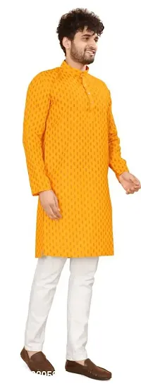 Reliable Yellow Cotton Blend Printed Knee Length Kurta For Men-thumb3