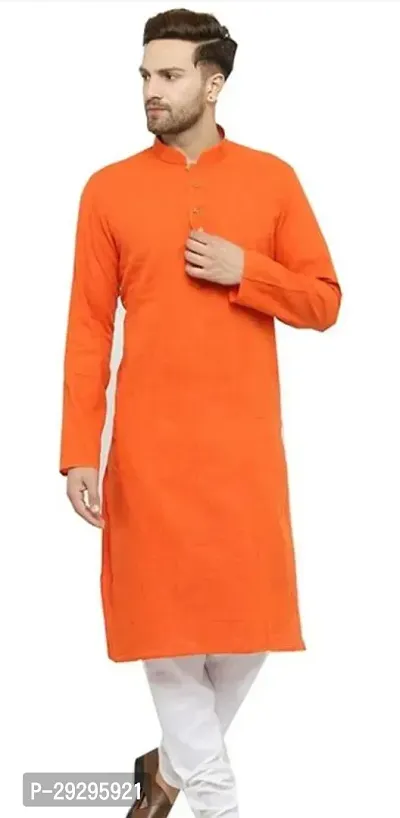 Reliable Orange Cotton Blend Solid Knee Length Kurta For Men