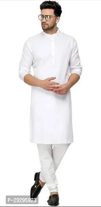 Reliable White Cotton Blend Solid Knee Length Kurta For Men-thumb0