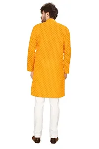 Reliable Yellow Cotton Blend Printed Knee Length Kurta For Men-thumb1