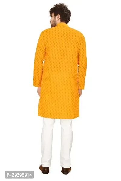 Reliable Yellow Cotton Blend Printed Knee Length Kurta For Men-thumb2