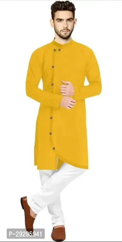 Reliable Yellow Cotton Blend Solid Knee Length Kurta For Men-thumb0