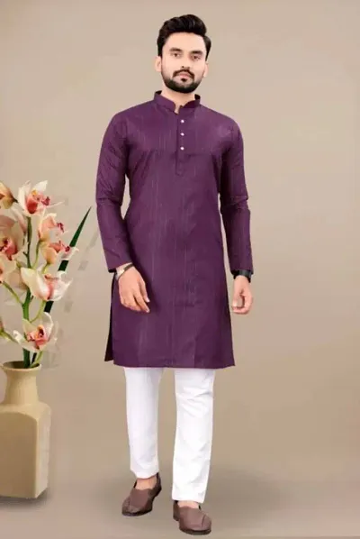 Reliable Purple Cotton Blend Striped Knee Length Kurta For Men