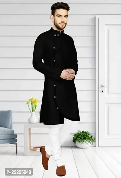 Reliable Black Cotton Blend Solid Knee Length Kurta For Men-thumb4