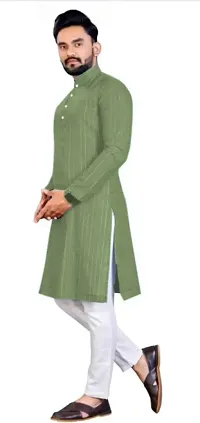 Reliable Green Cotton Blend Striped Knee Length Kurta For Men-thumb1