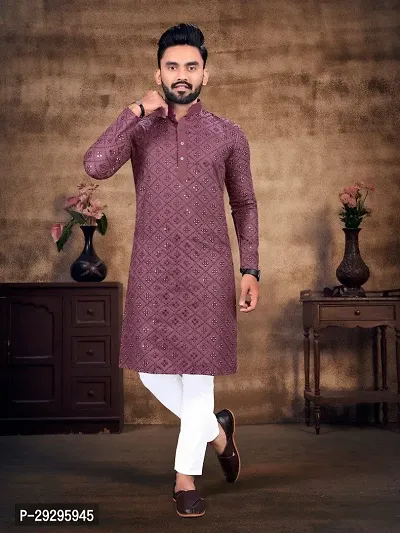 Reliable Purple Cotton Blend Embroidered Knee Length Kurta For Men