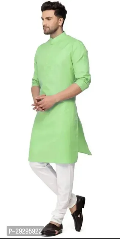 Reliable Green Cotton Blend Solid Knee Length Kurta For Men-thumb4