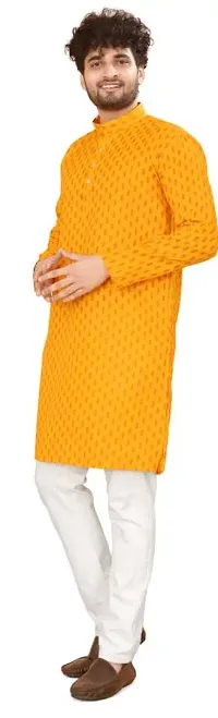 Reliable Yellow Cotton Blend Printed Knee Length Kurta For Men-thumb3