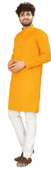 Reliable Yellow Cotton Blend Printed Knee Length Kurta For Men-thumb4