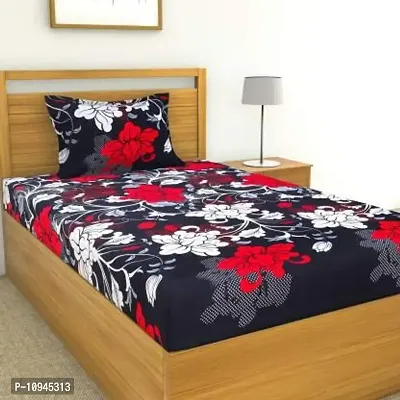 KIHOME 144 TC 3D Printed Single Cotton Bedsheet with Pillow Cover, Black Flower