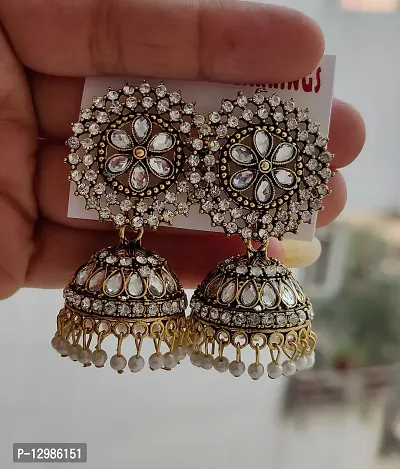 Stylish Golden Alloy Beads Jhumkas Earrings For Women