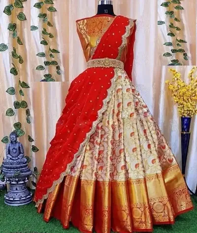 Stylish Banarasi Silk Un-stitched Lehenga Choli Set For Women