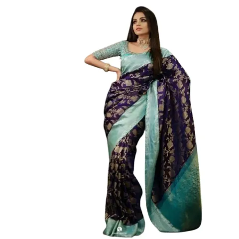 Women's Kanjeevaram Silk Sari Pure Zari Vintage Handwoven Fabric Traditional Women's Wedding Piece Bollywood Designer (FIROZI NAVYBLUE-4)