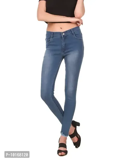 Women Slim Fit Blue  Bottom Fringed Look Jeans-thumb0