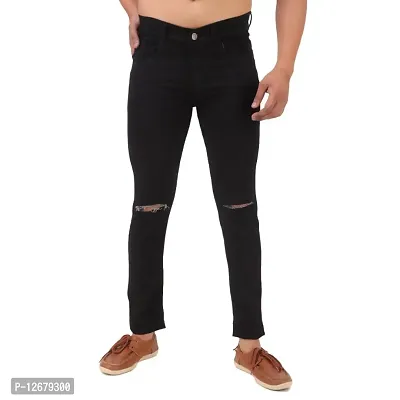 Men Stretchable Denim Black Knee Cut Jeans-thumb0