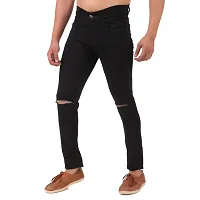 Men Stretchable Denim Black Knee Cut Jeans-thumb3