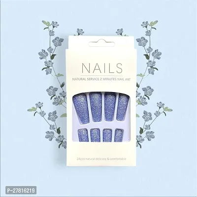 Set Of French Tip Press On Glittery And Fancy Fake Nails ,Blue-thumb0