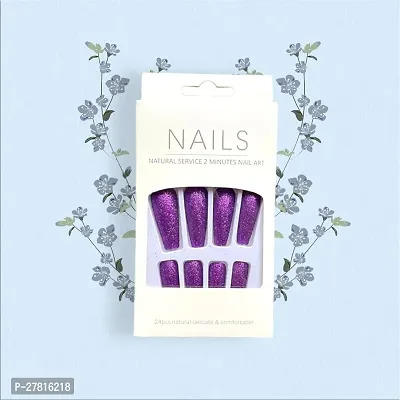 Set Of French Tip Press On Glittery And Fancy Fake Nails ,Purple-thumb0