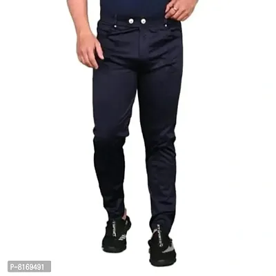 Navy Blue Polycotton Regular Track Pants For Men
