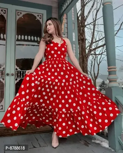 Stylish Red Crepe Polka Dots Fit And Flare Dress For Women